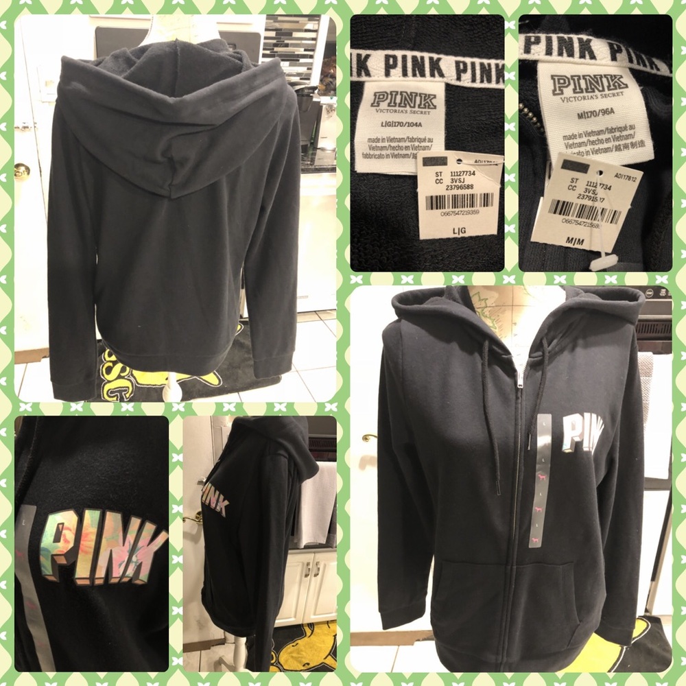 BNWT Pink Victoria’s Secret Black Full Zip Hoodie